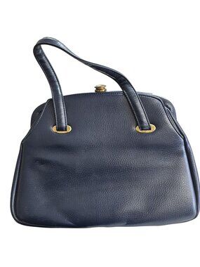 Vintage Navy Blue Leather Handbag Gold Hardware Top Handles & Beige Interior